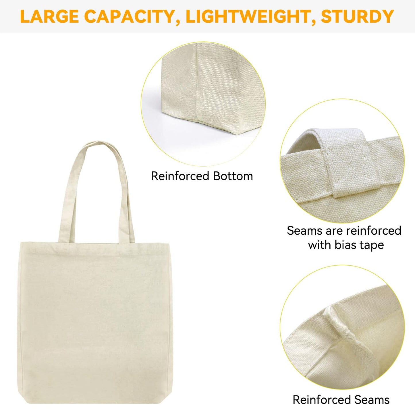 Faylapa 3/5 / 6/12 Pack Canvas Tote Bags,Heavy Duty Reusable Grocery Shopping Bag 13.6"x 15.3" Blank Cotton Bags for DIY (12, Beige)