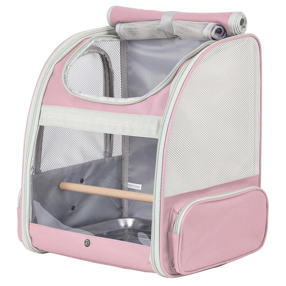 Bird Backpack Carrier, Backpack with Stand Perch and Metal Tray, Travel Carrier Backpack (Pink, Bird Backpack)