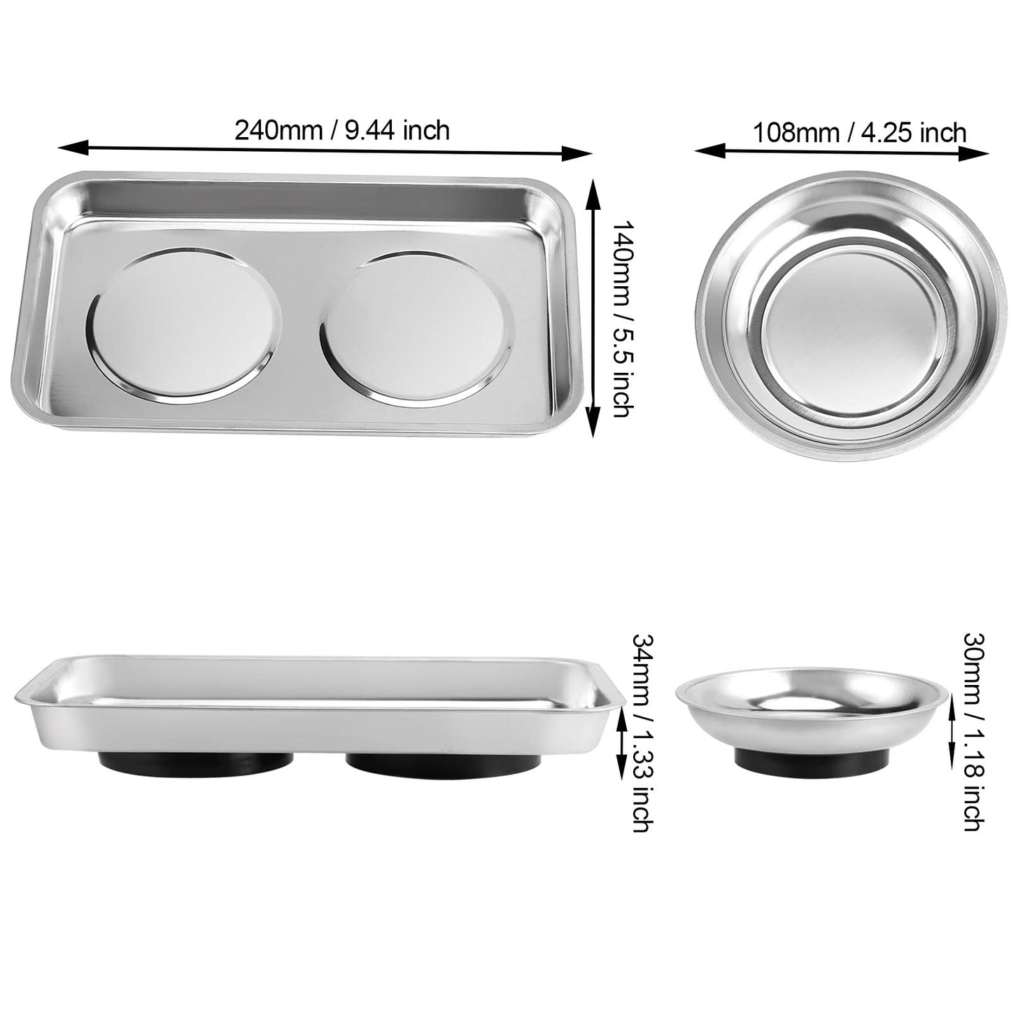JOIKIT 8 Pieces Magnetic Parts Tray Set, Stainless Steel Magnetic Tool Tray Holder, 4.2 Inches Round Bolt Trays and 9.5 x 5.5 Inches Square Mechanic Trays for Screws, Bolts, Nuts