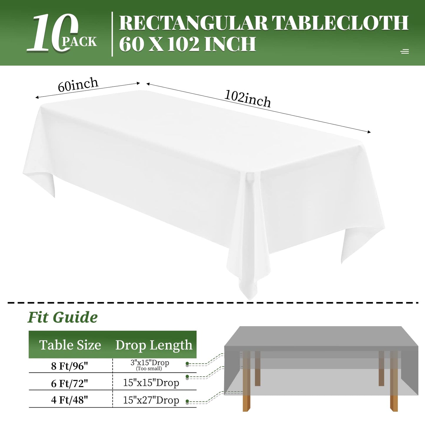 10 Pack White Tablecloths for 6 Foot Rectangle Tables 60 x 102 Inch White Table Cloth Rectangle Table 6ft Tablecloth Linen Polyester Fabric Washable White Table Cloths for Parties Wedding Banquet