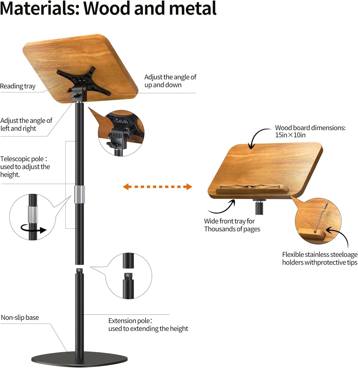 Adjustable Floor Book Stand, Portable Standing Book Stand for Reading, Height Adjustable (56cm-130cm), Wooden Music Stand for Music Sheets, Books, Recipes, Tablets, Laptops