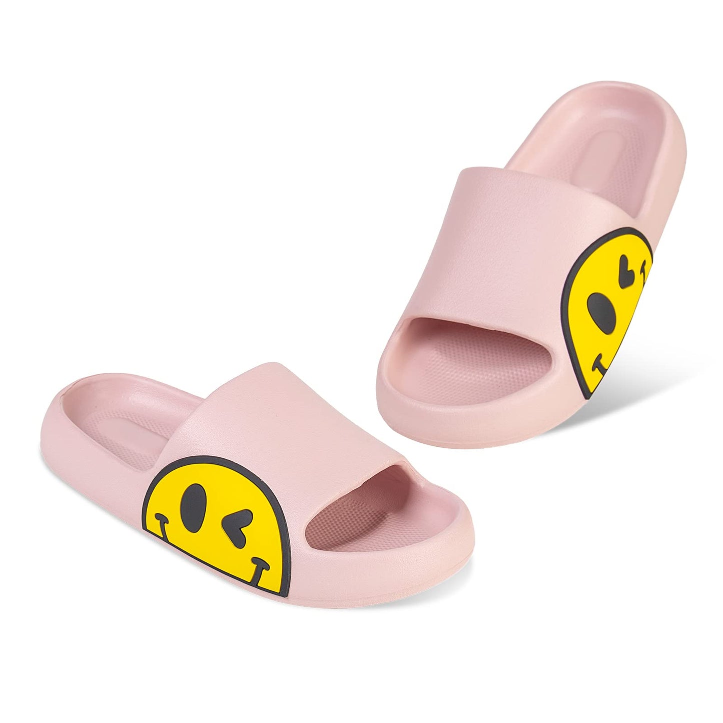 Uonesone Womens Slides,Pillow Slippers Sandals for Men,Unisex Non slip Quick Dry Shower Shoes Indoor Outdoor Open Toe Spa Bath Pool Gym House Casual Massage Smile Face Slippers, Pink, 5-6