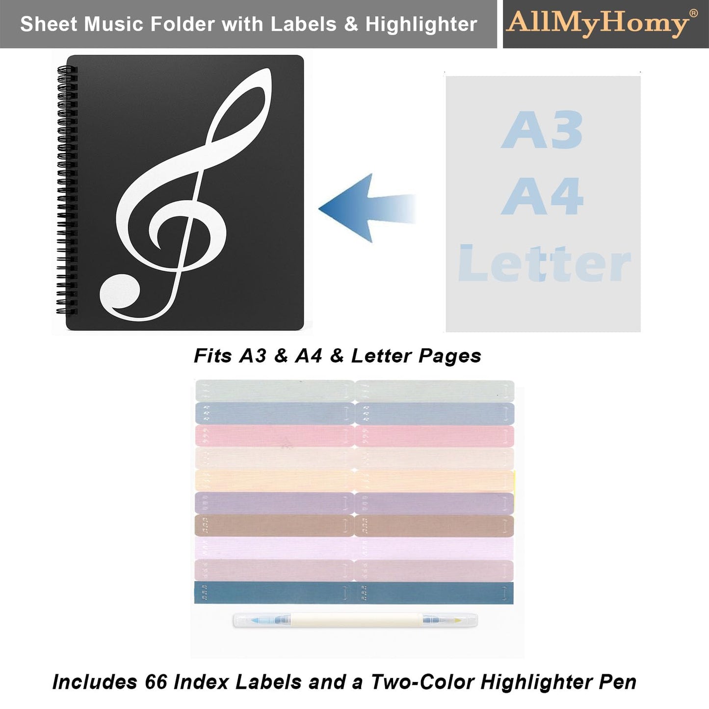 AllMyHomy 4-Page Expandable Sheet Music Folder, Tri-Fold Music Binder for Letter Size 8.5 x 11 & A4, 30 Sleeves/60 Pages, for Piano, Violin, Band & Orchestra, Black