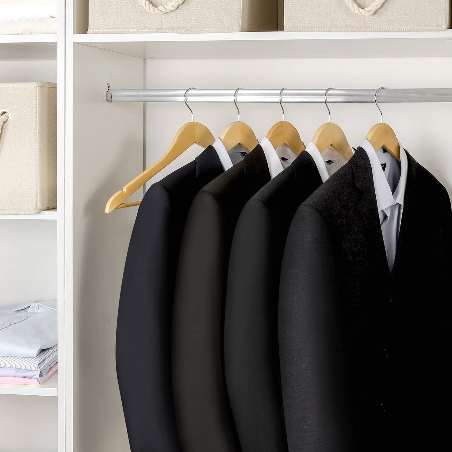 TOPIA HANGER Wooden Hangers (30 Pack), Natural Wooden Coat Hangers with Non Slip Pants Bar, 360°Swivel Hook and Shoulder Notches for Suit, Jacket, Pants, Smooth Finish Clothes Hangers - CT34N30