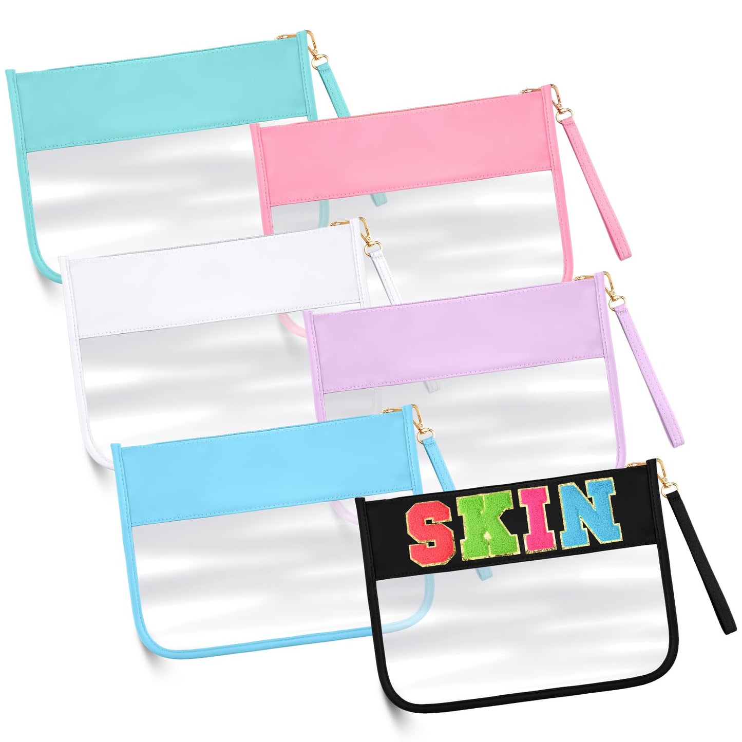 Paterr 6 Pcs Preppy Clear Flat Makeup Bag Pouch for Travel with Zipper PVC Waterproof Snack Bag Accessories DIY Cosmetic Travel Toiletry Purse for Women Girls(Multicolor)