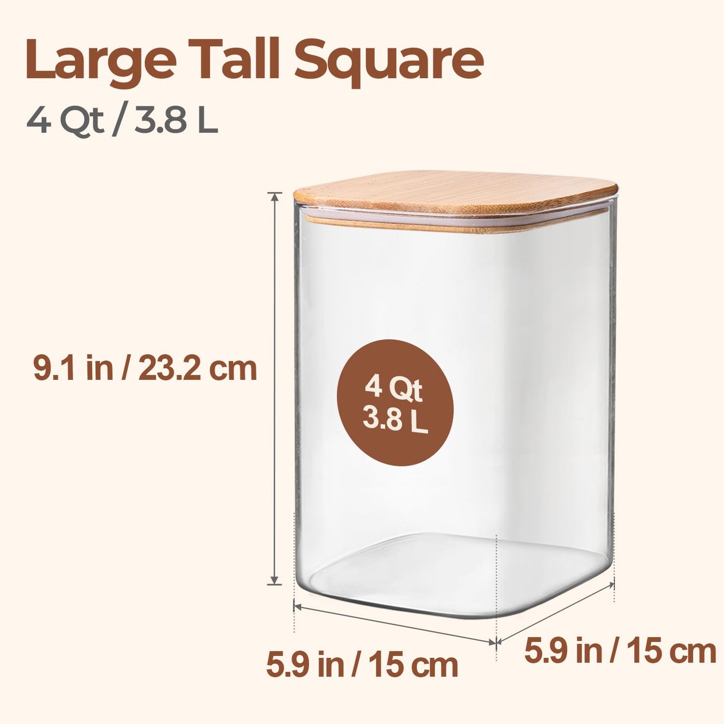 ComSaf 4 Qt Glass Food Storage Containers Set of 2, Large Storage Containers with Lids, Square Glass Jars with Lids, for Flour and Sugar, Cereal, Rice, Pasta, Oats, Coffee Beans