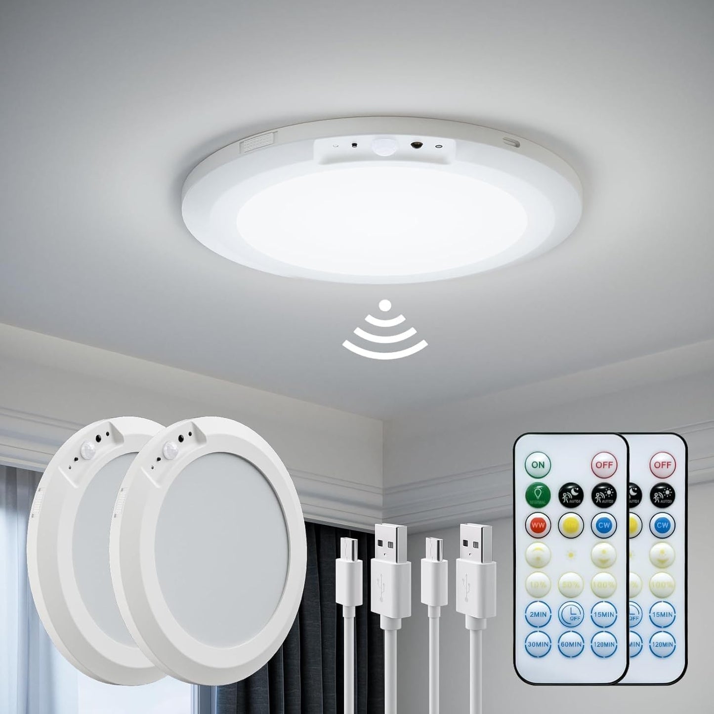FIONSUN 2 Pack Motion Sensor Light Indoor, Rechargeable Ceiling Light with Remote Control,10000mAh Battery Operated Closet Light,Magnetic LED Shower Lights,Ceiling Lamp for Bathroom Pantry