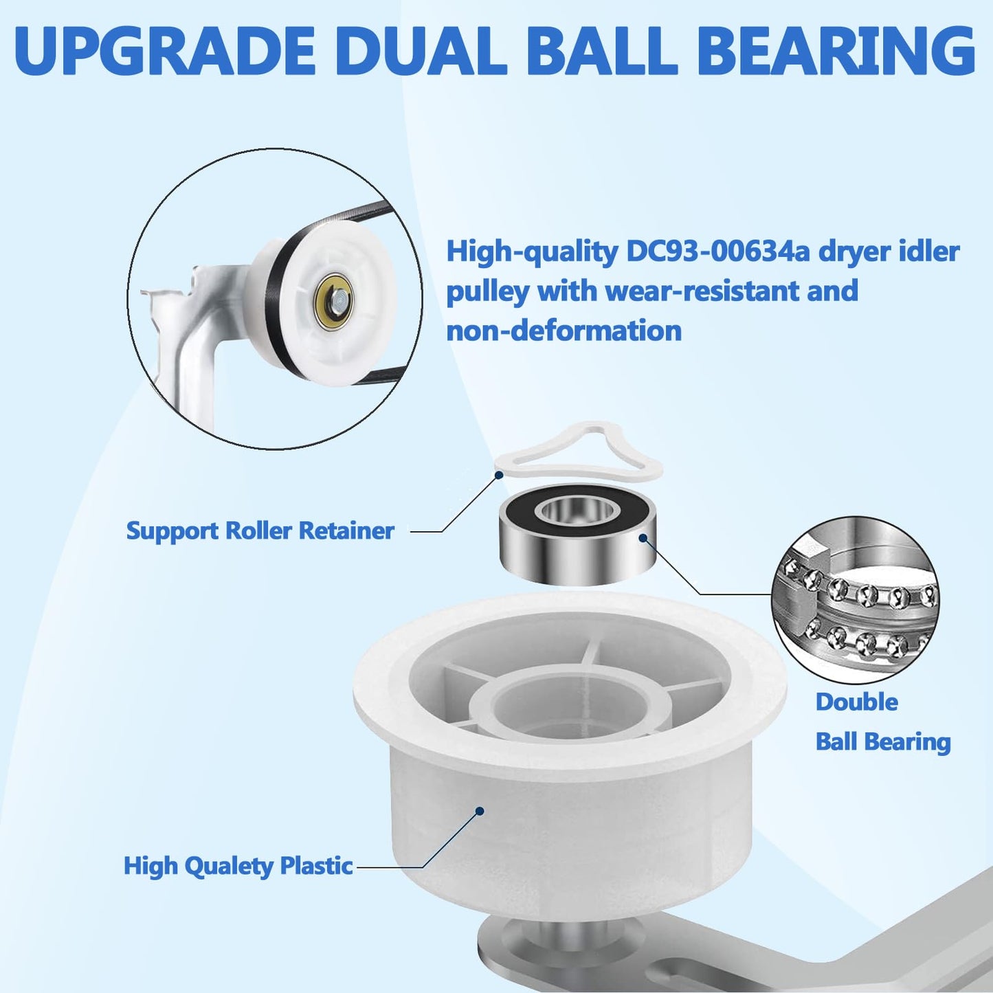 DV42H5000EW/A3 DV45H7000EW/A2 Dryer Roller Replacement Repair Kit Compatible with Samsung Dryer Includes DC97-16782A Dryer Roller DC93-00634A Idler Pulley 6602-001655 Dryer Belt