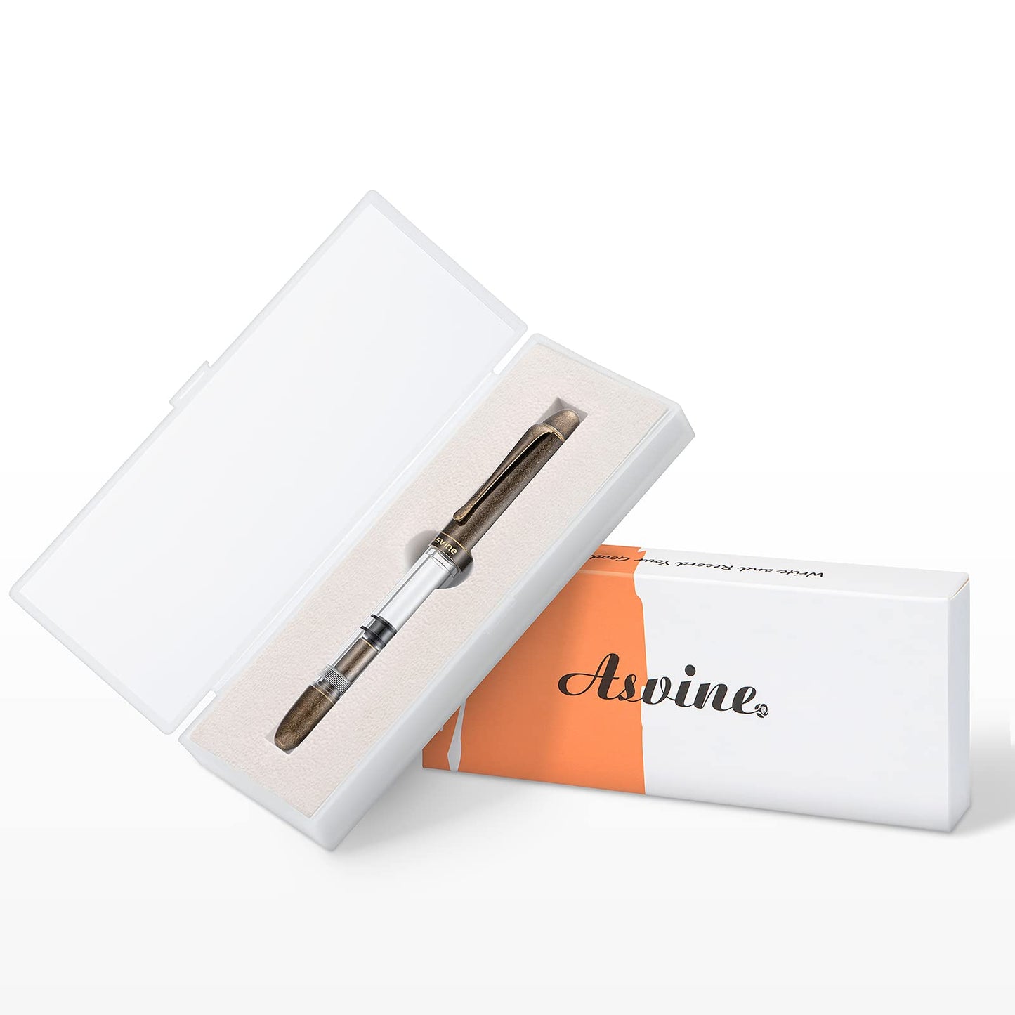 Asvine P30 Piston Fountain Pen Medium Nib, Retro Brass Style, Transparent Acrylic Large Ink Capacity Writing Gift Box