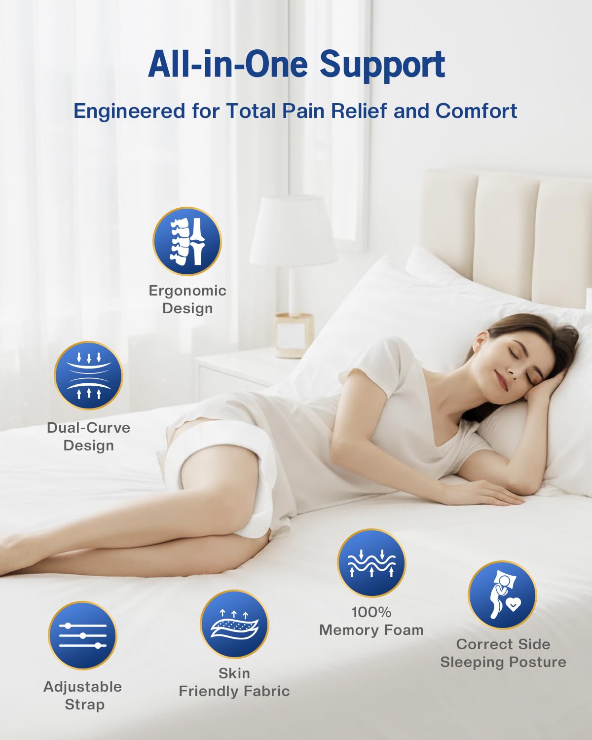 THOBEYA Knee Pillow for Side Sleepers, Leg Pillow for Hip Pain Relief & Spine Alignment, Memory Foam Pillow Between Knees with Adjustable Strap, Relief for Back, Sciatica, Joints