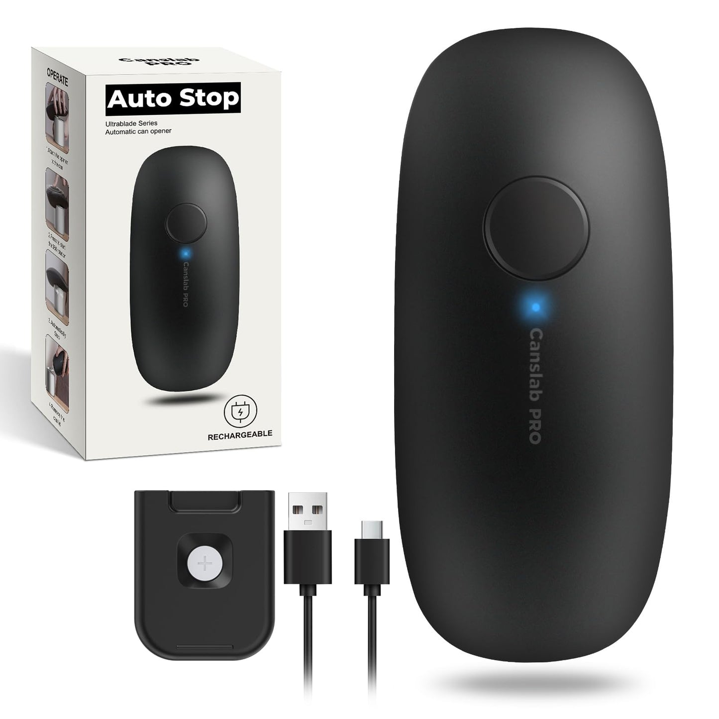 Canslab Ultrablade PRO- Auto Stop Rechargeable Electric Can Opener for Seniors with Arthritis- Battery Automatic Can Opener for Any Size Can - Smooth Edge, Food Safe, Easy Handsfree One Touch, Black
