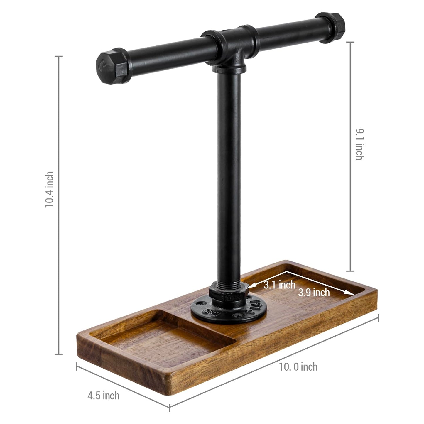 MyGift Premium Acacia Solid Wood and Industrial Black Metal Pipe T-Bar Over Ear Headphones Holder, Tabletop Dual Headphone Display Stand with Accessories Tray