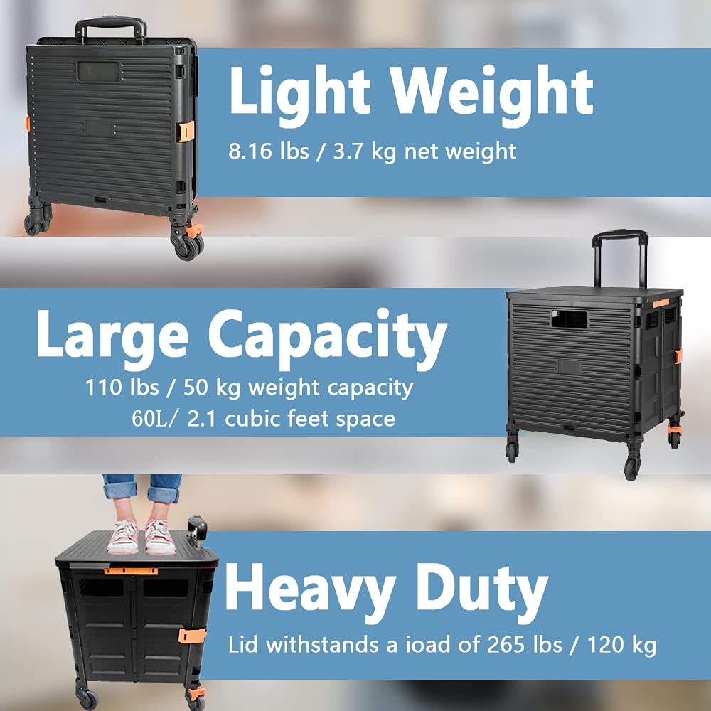 Foldable Utility Cart Folding Portable Rolling Crate Handcart with Durable Heavy Duty Plastic Telescoping Handle Collapsible 4 Rotate Wheels for Travel Shopping Moving Luggage Office Use (Black+Black)