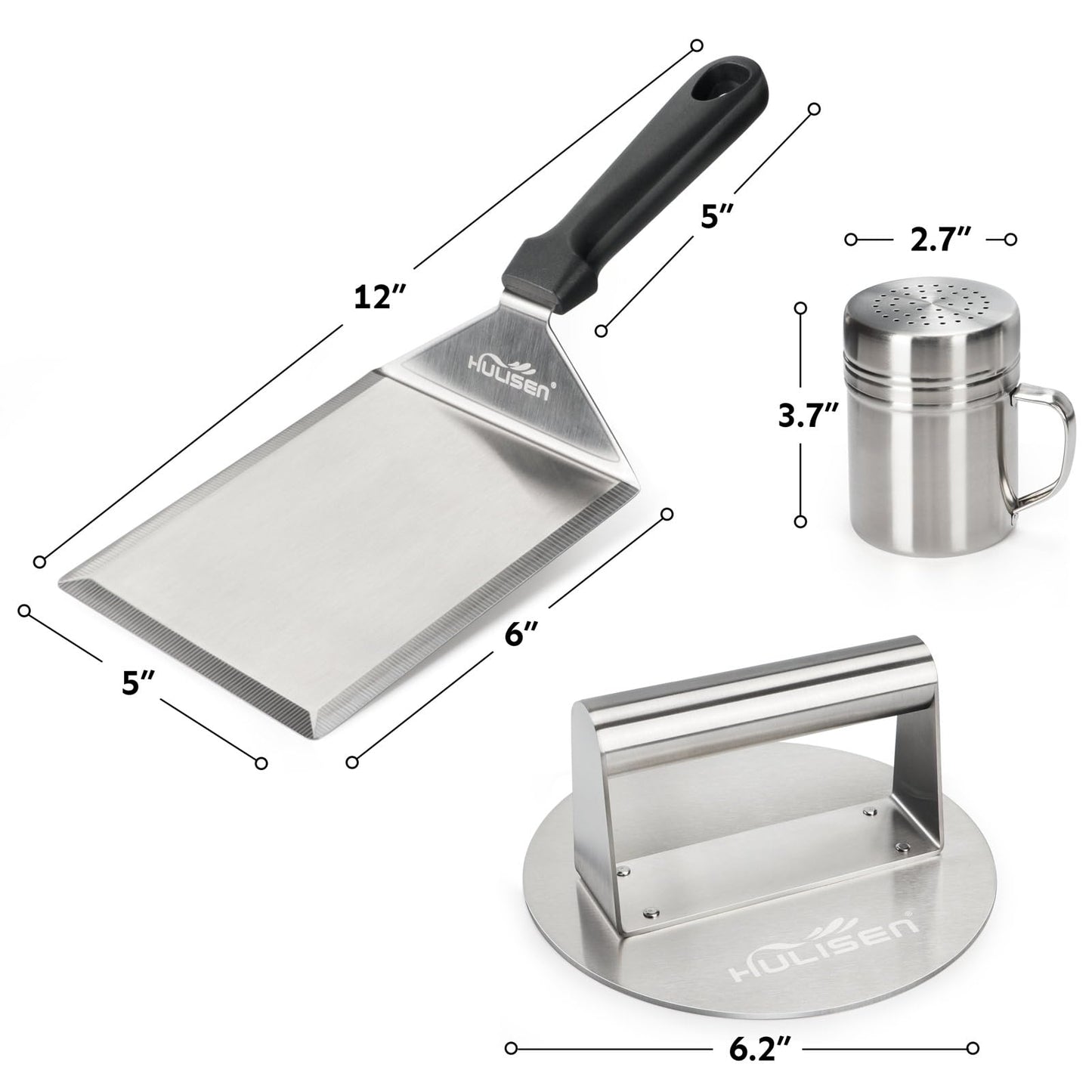 HULISEN Hamburger Tool Kit with Stainless Steel Round Burger Press, Grill Spatula and Spice Dredge Shaker, Burger Tools Griddle Accessories Kit for Camp Chef and Outdoor Grilling