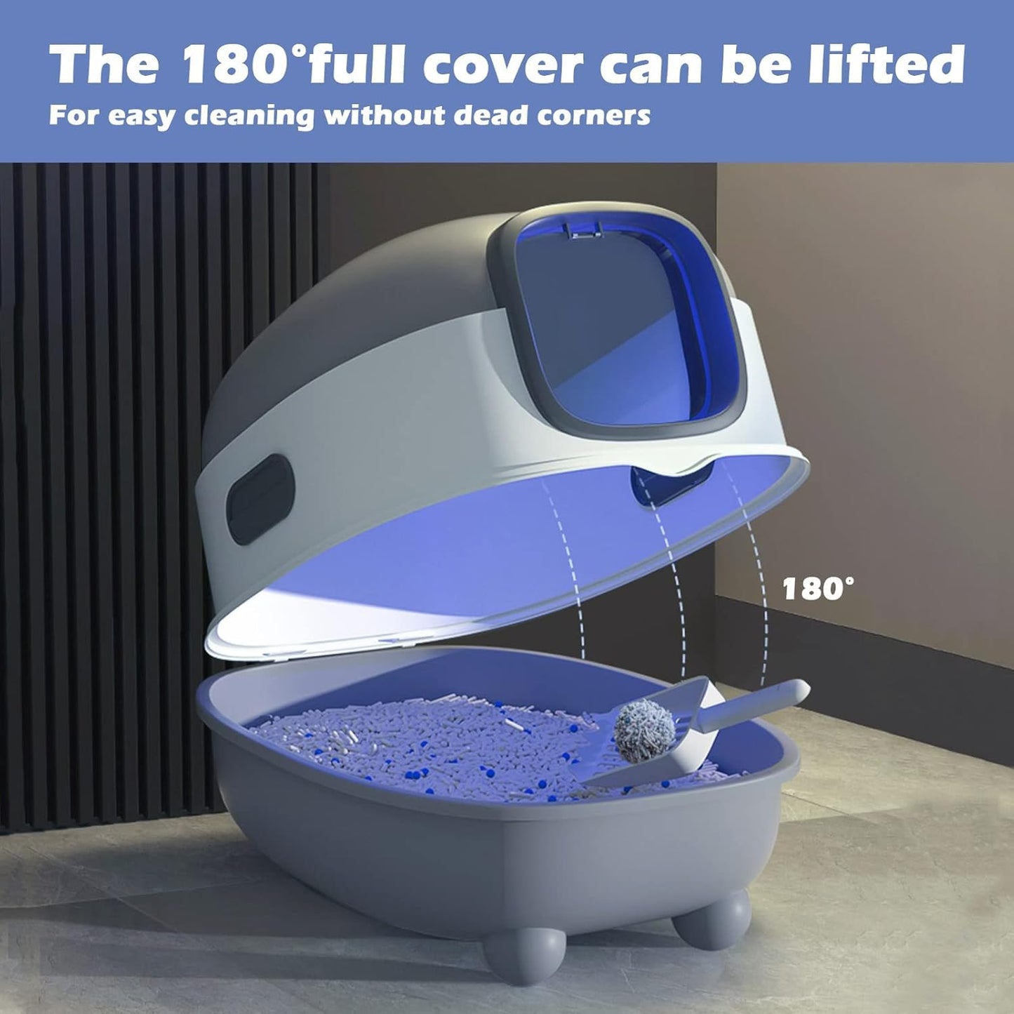 Ultra Large Fully Enclosed Cat Litter Box,Self Cleaning Cat Litter Tray for Cats with Automatic Anti-Sand Cage,Easy to Clean,Deodorize,Splash Proof Litter Box with Lid,55x38x36cm (Grey)