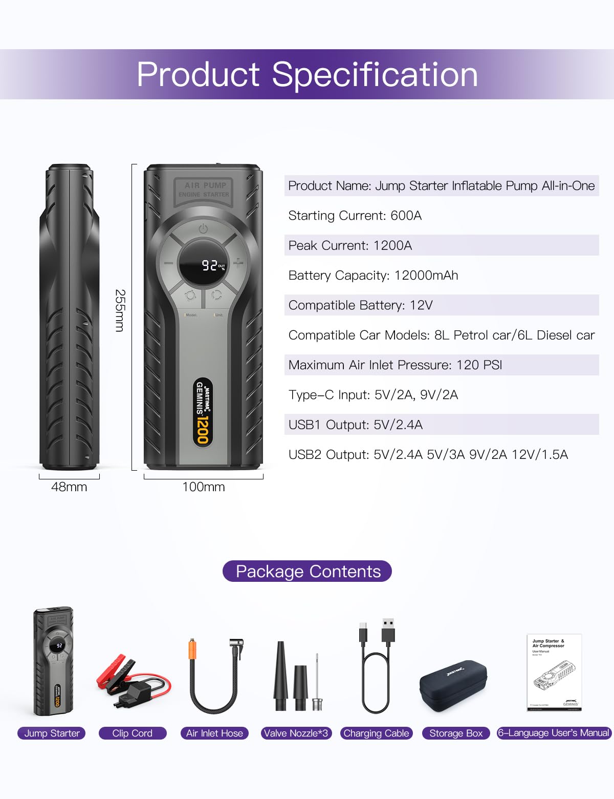 NASTIMA Jump Starter with Air Compressor, 4-in-1 Jump Starter Power Bank, Car Battery Booster with Portable Tire Inflator, 12000mAh Power Pack with Digtal Display,Emergency Light