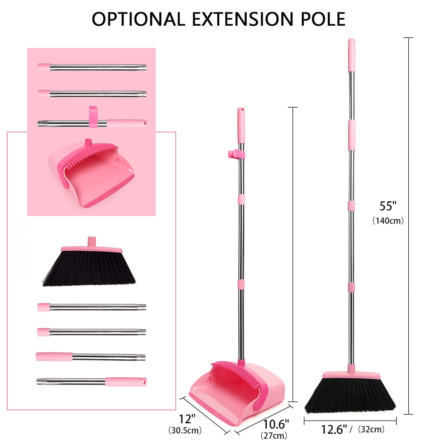XXFLOWER Broom and Dustpan Set, Dustpans with Broom Combo with Long Handle Adjustable Length for Home, Kitchen,Office,Indoor(Pink)