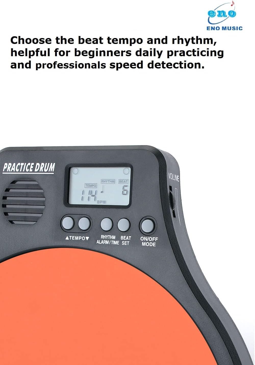 ENO MUSIC Beginner Rubber Drum Practice Pad with Audible Metronome 2 in 1 Percussionists Rhythm Training Tool