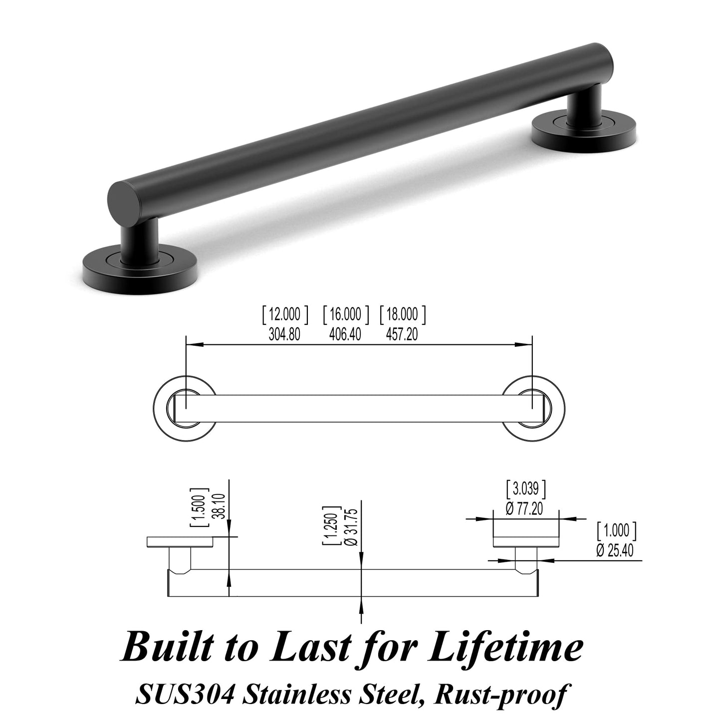 AmeriLuck 16 inches Stainless Steel Designer Grab Bar for Bath Safety, Collection Glacier, ADA Compliant 500lbs Loading Capacity, Matte Black