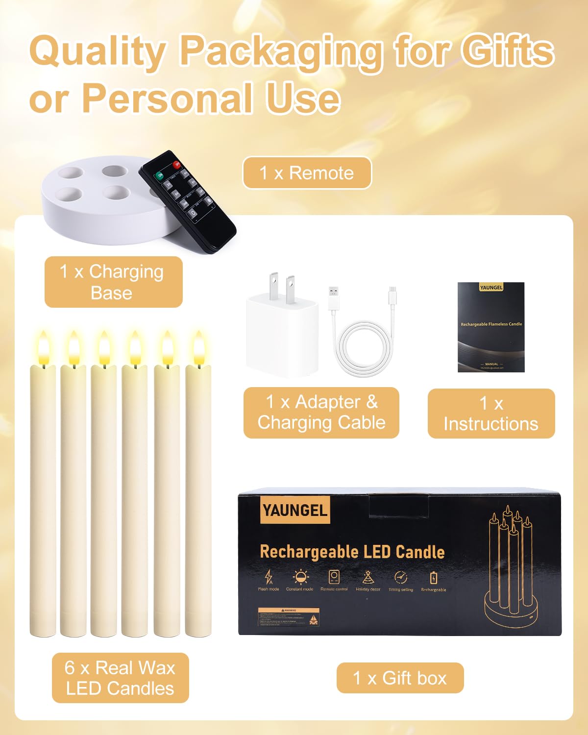 Rechargeable Flameless Taper Candles, 6 Pcs Real Wax Rechargeable LED Candles Flickering with Remote Timer and Charging Station, Battery Operated Candlesticks for Christmas Wedding Party Home Decor