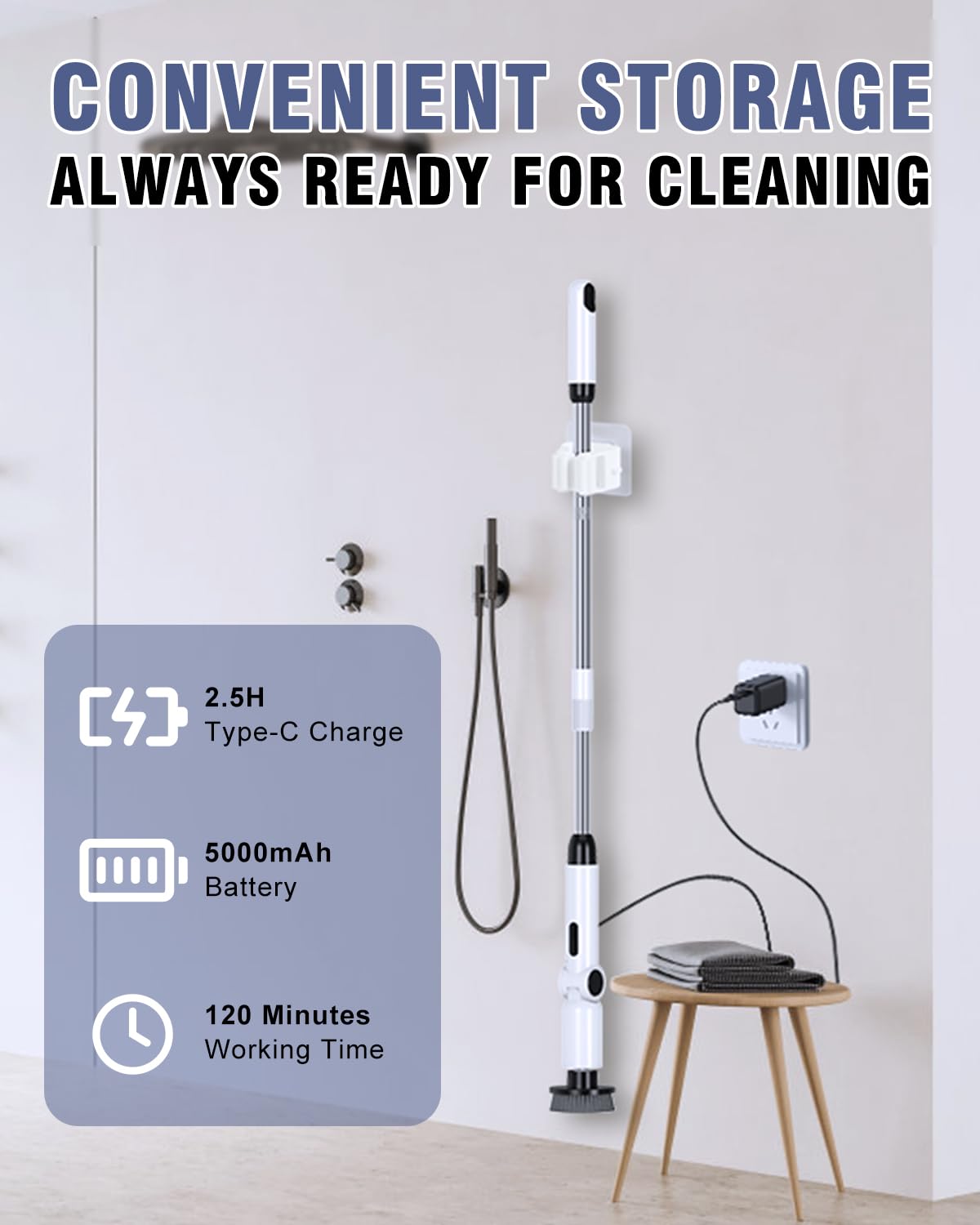 Electric Spin Scrubber, [Adjustable Angle] Homtronics Cordless Electric Cleaning Brush with 8 Replaceable Brush Heads, Battery Display, 450r/min Speed, 50in Adjustable Long Handle for Bathroom