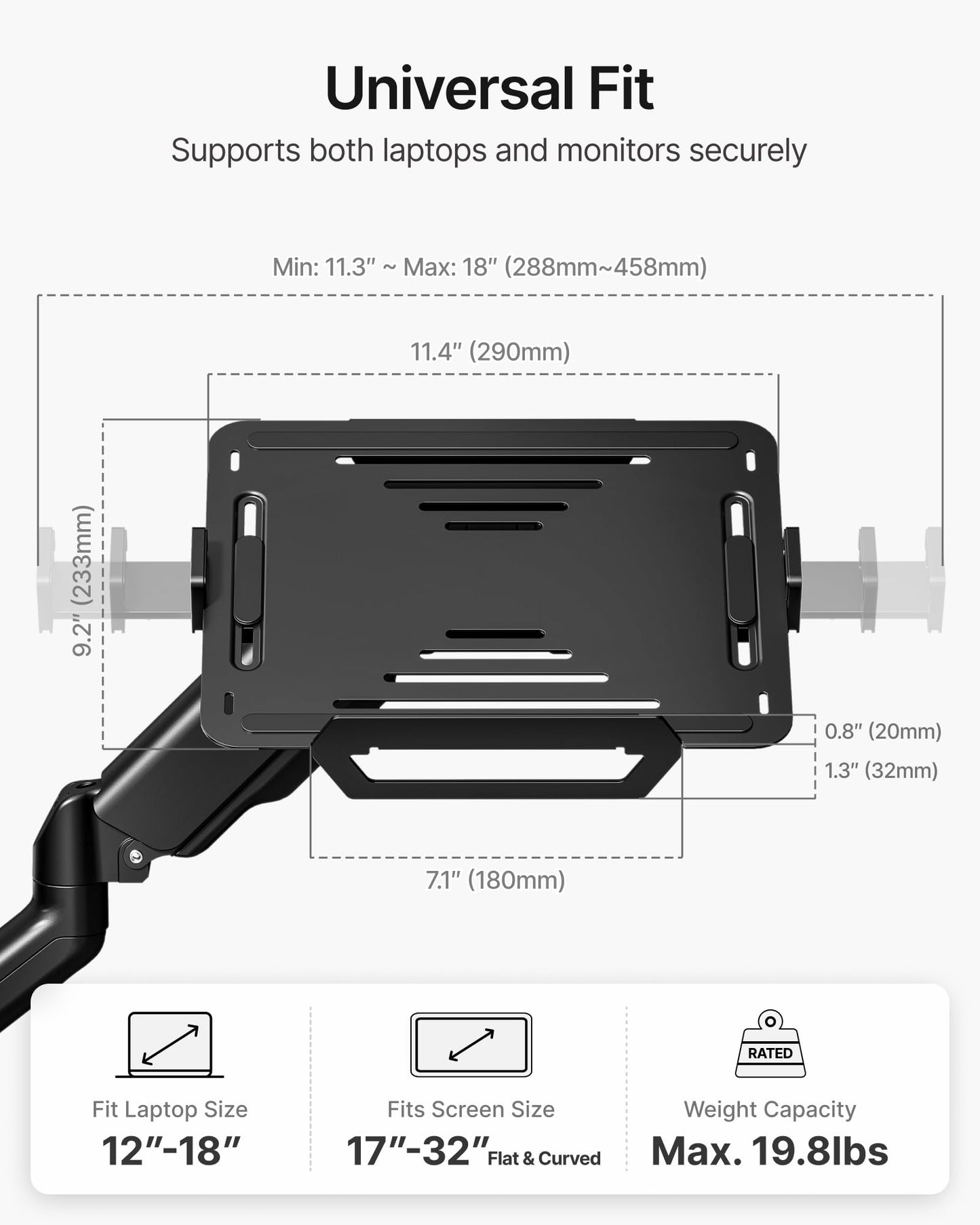 monTEK Laptop Arm Wall Mount, 2-in-1 Full Motion Monitor & Laptop Stand with Adjustable Tray, Fits Max 18" Notebook and 32" Screen, Metal Ergonomic Single Monitor Holds Up to 19.8lbs