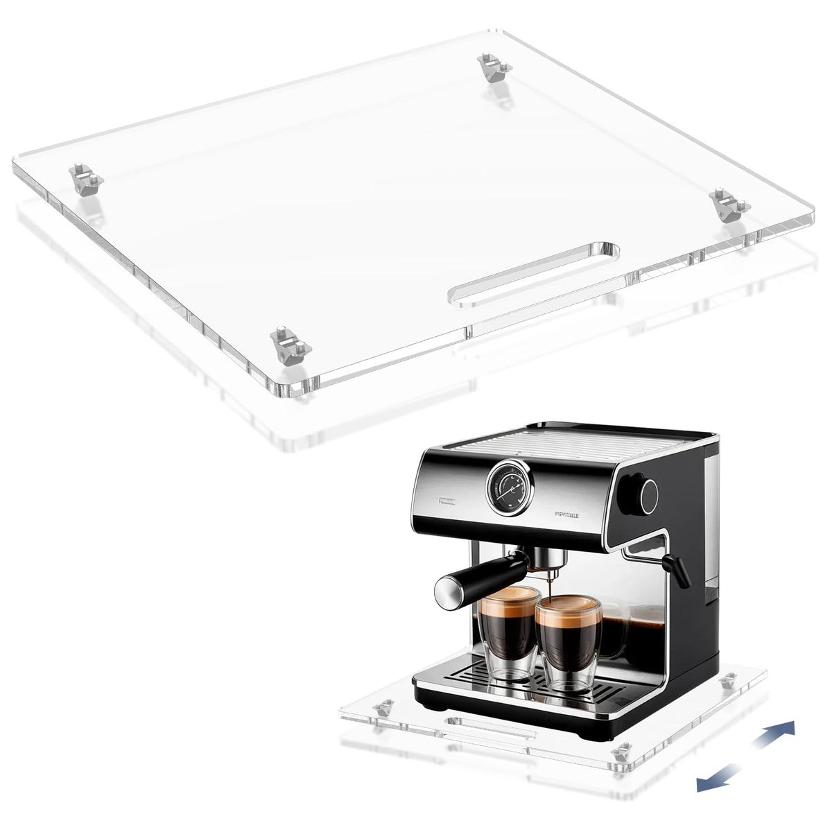 PUDASTO Appliance Sliders with Rubber Wheels, 14" x 13" Acrylic Coffee Pot Slider Tray for Countertop Moving, Sliding Tray for Coffee Maker, Stand Mixer, Toaster & Heavy Kitchen Appliances (Clear)