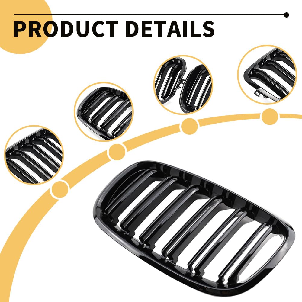 MAXDOM Replacement Front Upper Grill Fit for BMW (2007-2013) X5 E70 (2008-2014) X6 E71 – Gloss Black Double Slats ABS Grille