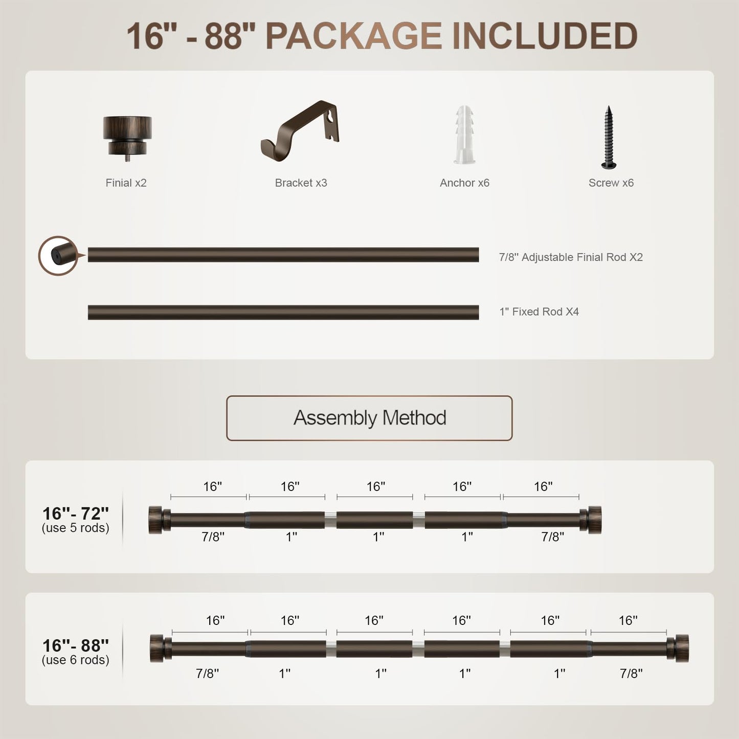 Lootkell Modern Antique Brown Bronze Curtain Rods for Windows 48 to 84 Inches Adjustable Heavy Duty 1" Diameter Window Rod with Decorative Finials for Outdoor Farmhouse Bedroom Kitchen Living Room