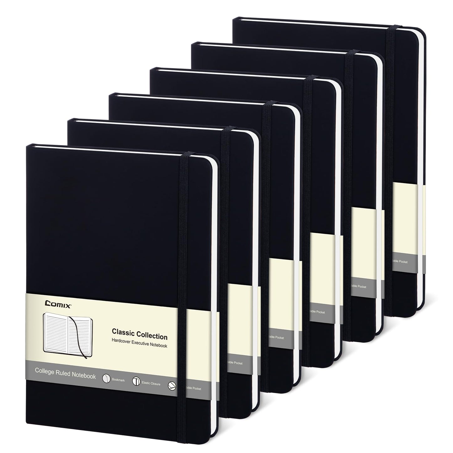 Comix 6 Pack Lined Journal Notebooks for Work, 240 Pages, 5.5"x8.3", Black, Hardcover, A5 Medium College Ruled, Journaling Notebooks for Notes-taking, Fits for Office School Home