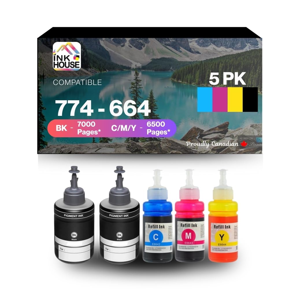 Ink House Compatible Ink Bottle Replacements for 774 & 664 – 5-Pack (2 Black, 1 Cyan, 1 Magenta, 1 Yellow) – Works with T774 / T664 for Epson Expression ET-3600, Workforce ET-16500 / ET-4550 & More
