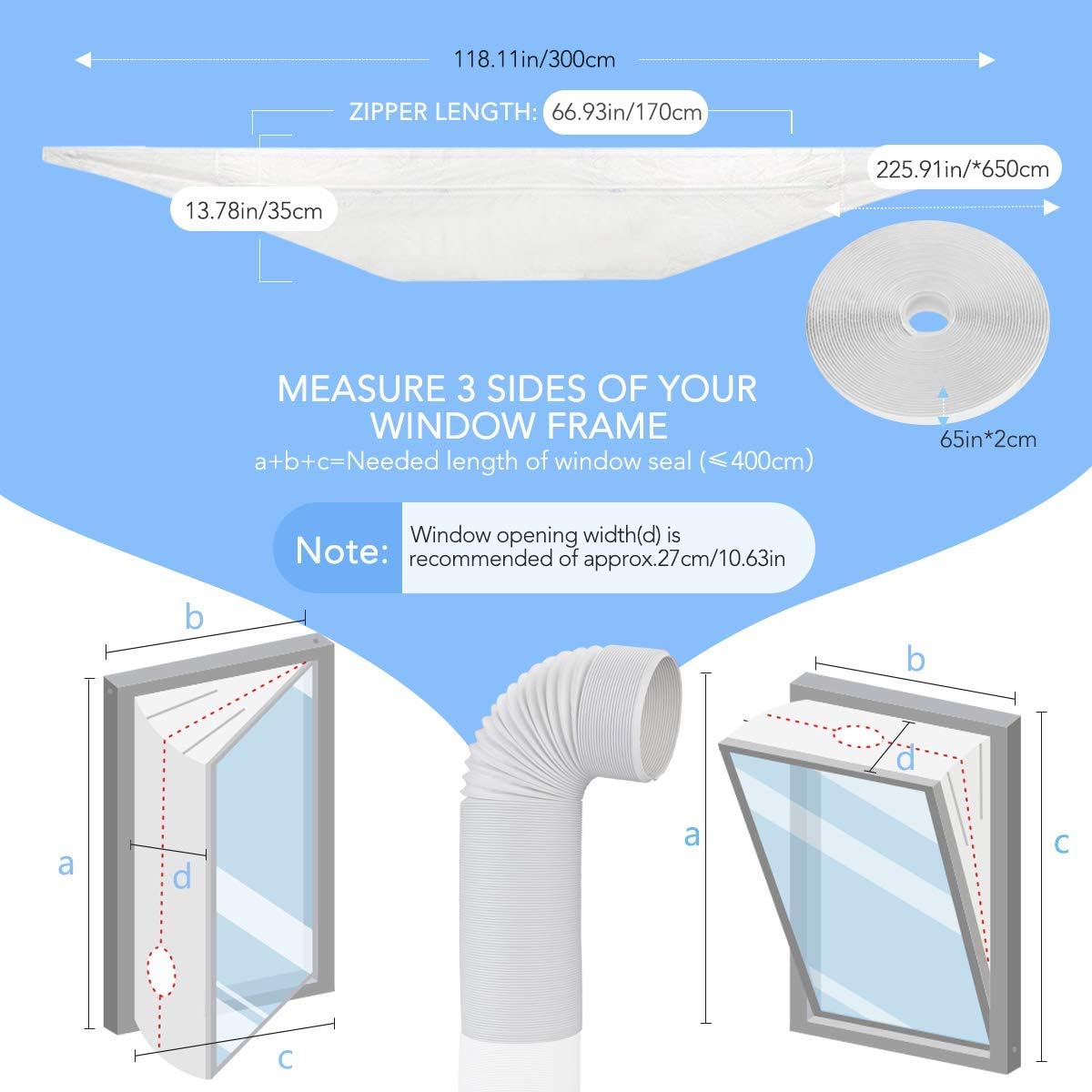 AGPTEK 300cm Window Seal for Portable Air Conditioner, Mobile AC Soft Cloth Sealing for Tilt Window, Stop Hot Air with Zip and Adhesive Fastener- No Need for Drilling Holes
