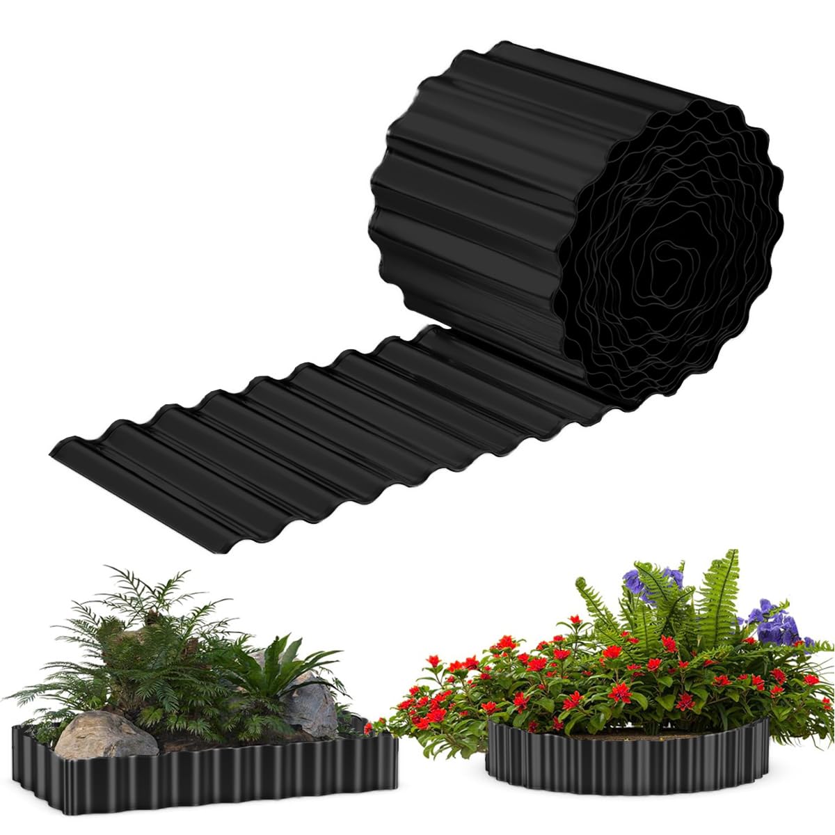 Metal Garden Edging Border 12in x 20ft,Corrugated Lawn Edging Borders,Galvanized Landscape Edging,Flexible Long Strips for Raised Flower Bed Tree Surrounds -Black