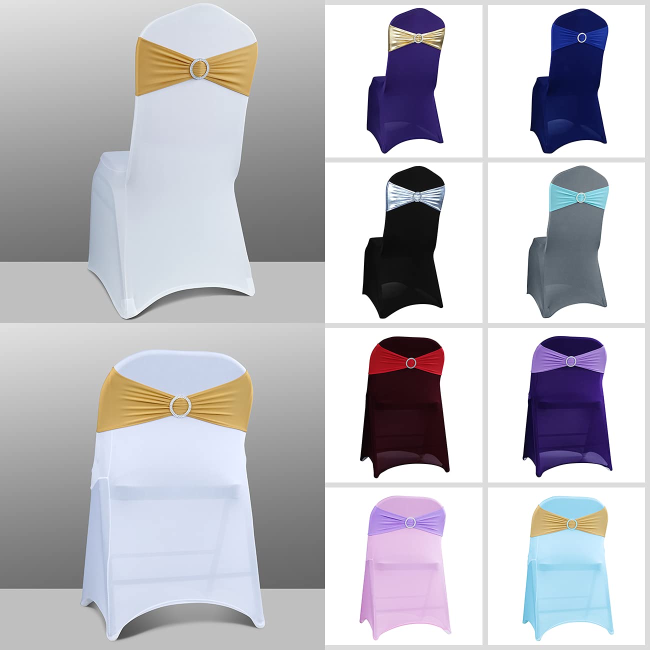 Spandex Chair Sashes Bows - Babenest 100PCS Premium Stretch Chair Cover Band with Buckle Slider Universal Elastic Chair Ties for Wedding Party Ceremony Reception Banquet Decoration (Gold)