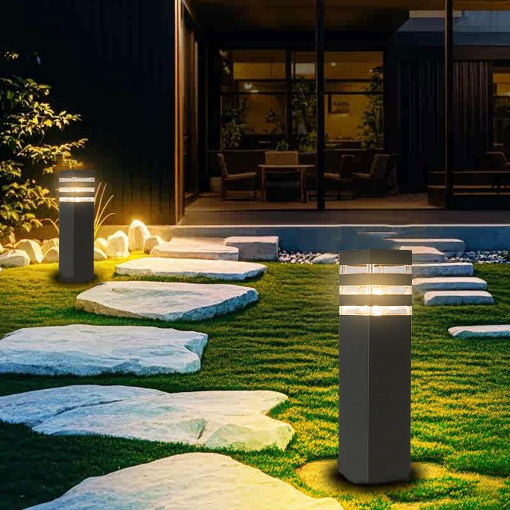 SLAWA 15In Pathway Lights Black E26 Outdoor Landscape Path Lighting Aluminum Walkway Bollard Lights Modern Landscape Sideway Post Lantern IP65 Waterproof Patio Porch Exterior Floor Lamp with Bulb
