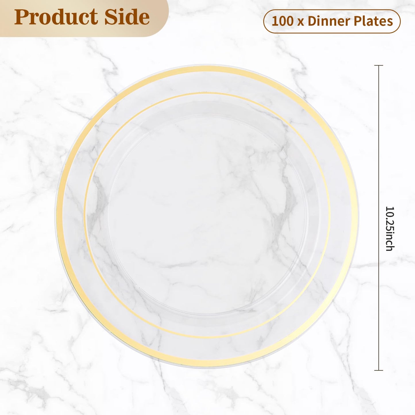BESTVIP 100PCS Clear Plastic Plates, 10.25 Inch Disposable Dinner Plate Party with Gold Rim, Heavy Duty Disposable Plastic Plates for Party, Wedding and Birthday, Christmas, Thanksgiving