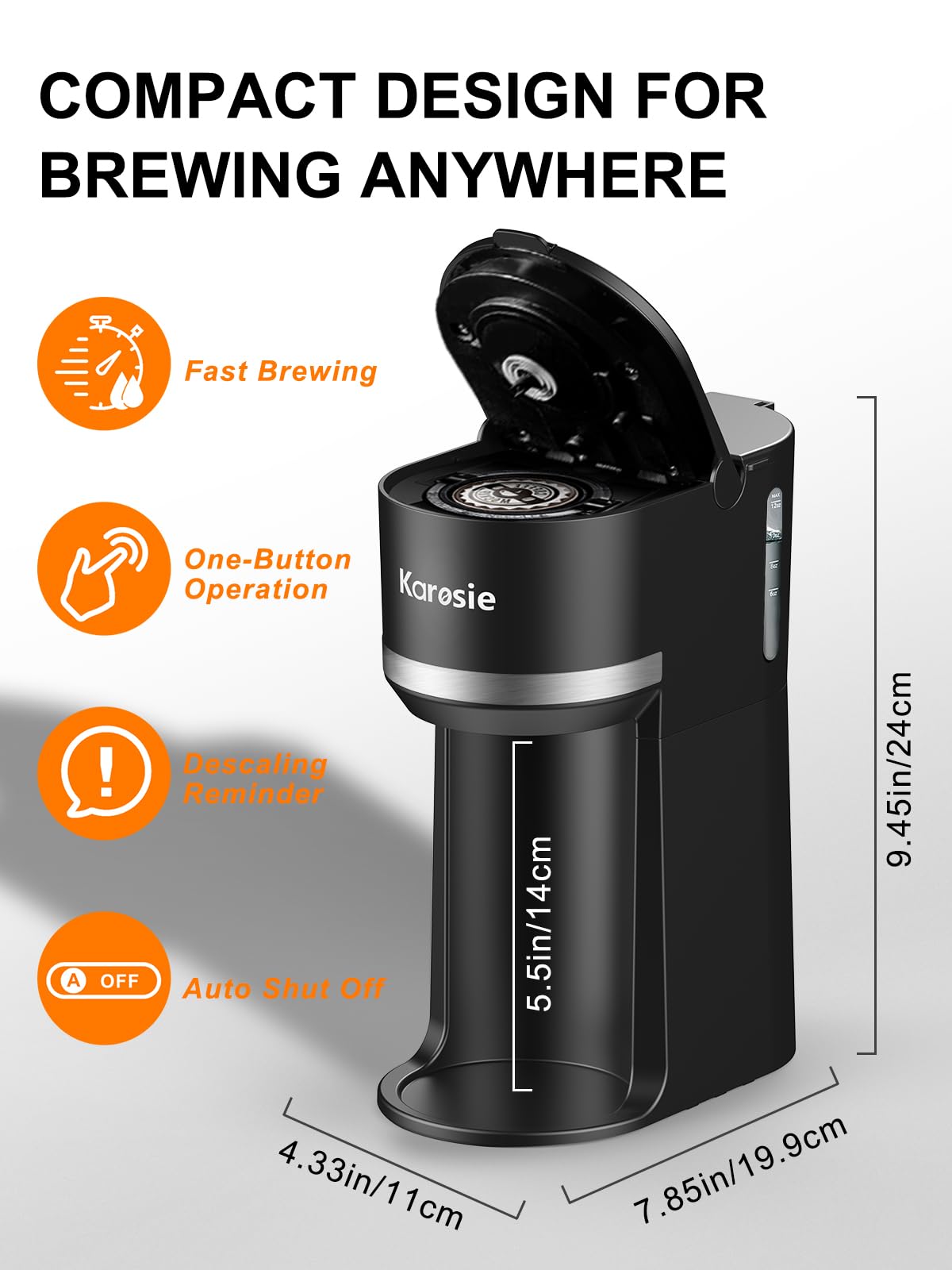 Single Serve Coffee Maker for K-Cup and Ground Coffee, Fast Brew, 6-12 oz Brew Sizes Single Cup Coffee Machine Fits 5.5" Mugs, One-Button Small Coffee Maker with Descaling Reminder, Black