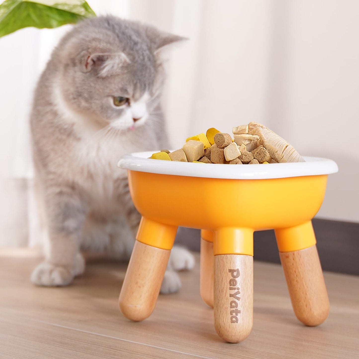 PEIYATA Ceramic Dog and Cat Bowl with Beech Wood & Acrylonitrile Butadiene Styrene Stand Weighted Food or Water Set for Cats &Small Dogs 13.5OZ