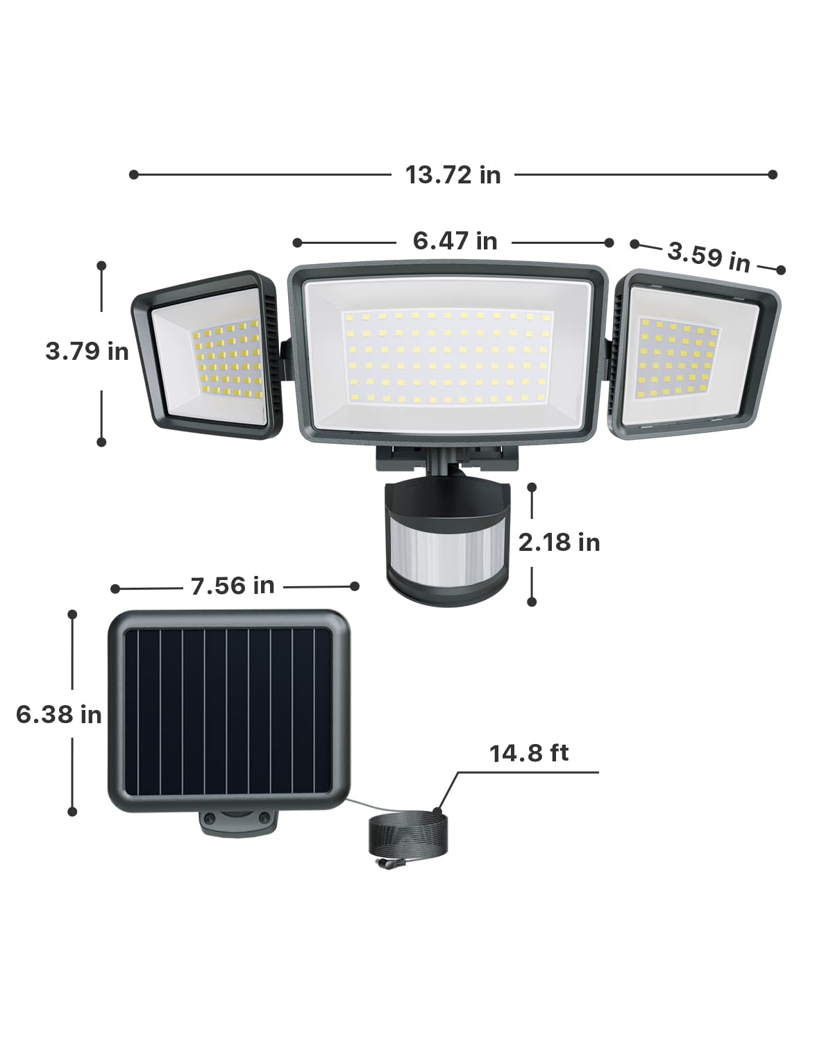 Ensenior 5 Motion Sensor Modes Solar Security Light, 1800LM 270° Wide Angle 3 Heads LED Flood Lights, IP65 Waterproof Wall Lights, Separate Solar Panel Remote Control Solar Lights Outdoor（Black）