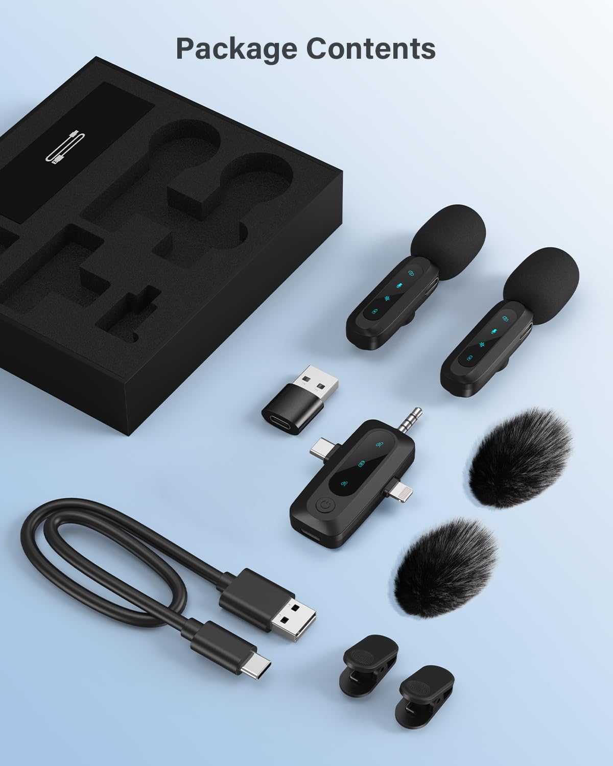 Wireless Lavalier Microphone for iPhone, iPad, Android – 2-Pack Mini Mic with Noise Reduction, Auto Pairing, 3.5mm & Lightning Receiver for Vlogging, TikTok, YouTube