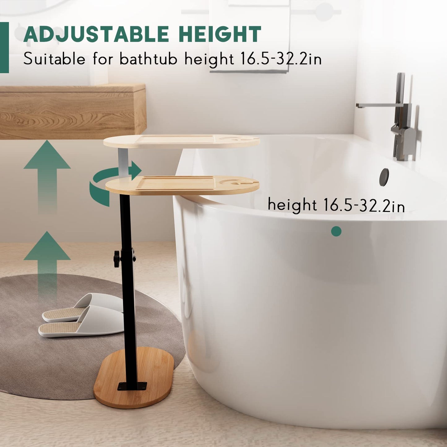 Yumkfoi Bamboo Bathtub Tray Table with Adjustable Height, Freestanding Bath Caddy Tray for Tub Against Wall, Bathtub Side Table for Luxury Bath Home Spa and Gift Choice - Patent Protected (Natural)