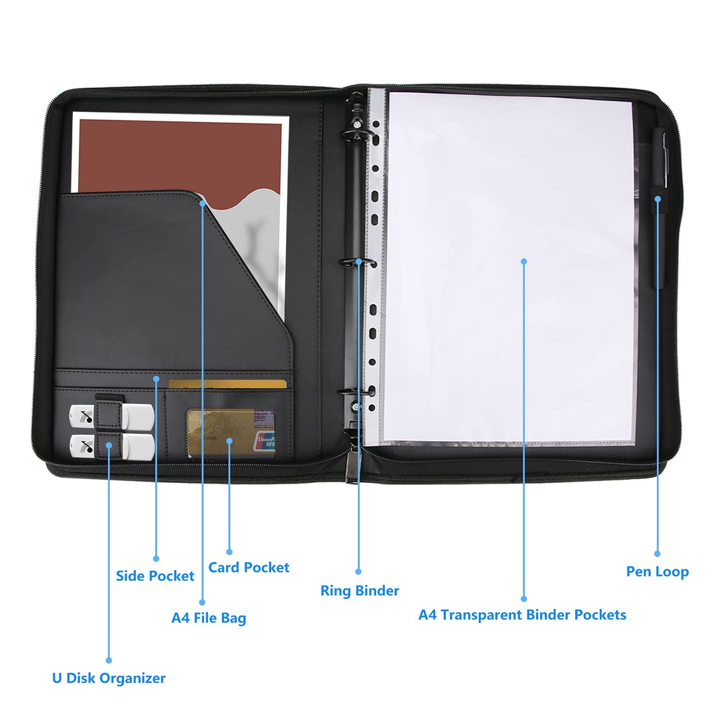 Laelr Zippered Portfolio 3 Ring Binder with 8 Pockes, Leather Business Padfolio with Zipper, A4 Document Binder Organizer for School Office