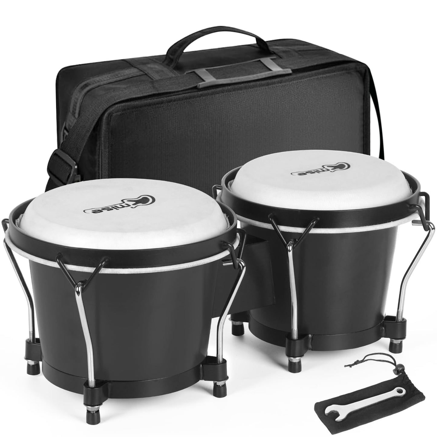 lotmusic Bongo Drums 6” and 7”, Black Wooden Percussion Instrument Bongos for Kids Adults Beginners,Hand Drum with Carry Bag and Tuning Wrench for Education and Practice