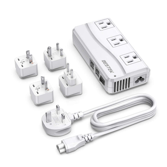 BESTEK Travel Adapter with UK Plug Universal 100-220V to 110V Voltage Converter 250W with 6A 4-Port USB Charging 3 AC Sockets and EU/US/India/AU Adapter for Worldwide use (White)