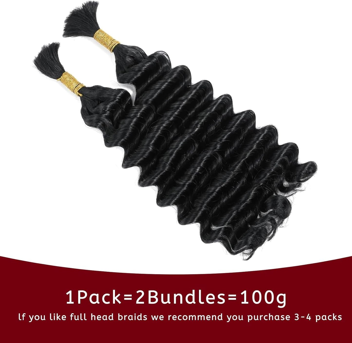 Datanala Human Braiding Hair 22Inch Deep Wave Human Hair Bulk for Braiding 2 bundles/100g 100% Unprocessed Virgin Wet and Wavy Human Hair Extensions for Boho Braids(1B#, 22inch-100g)