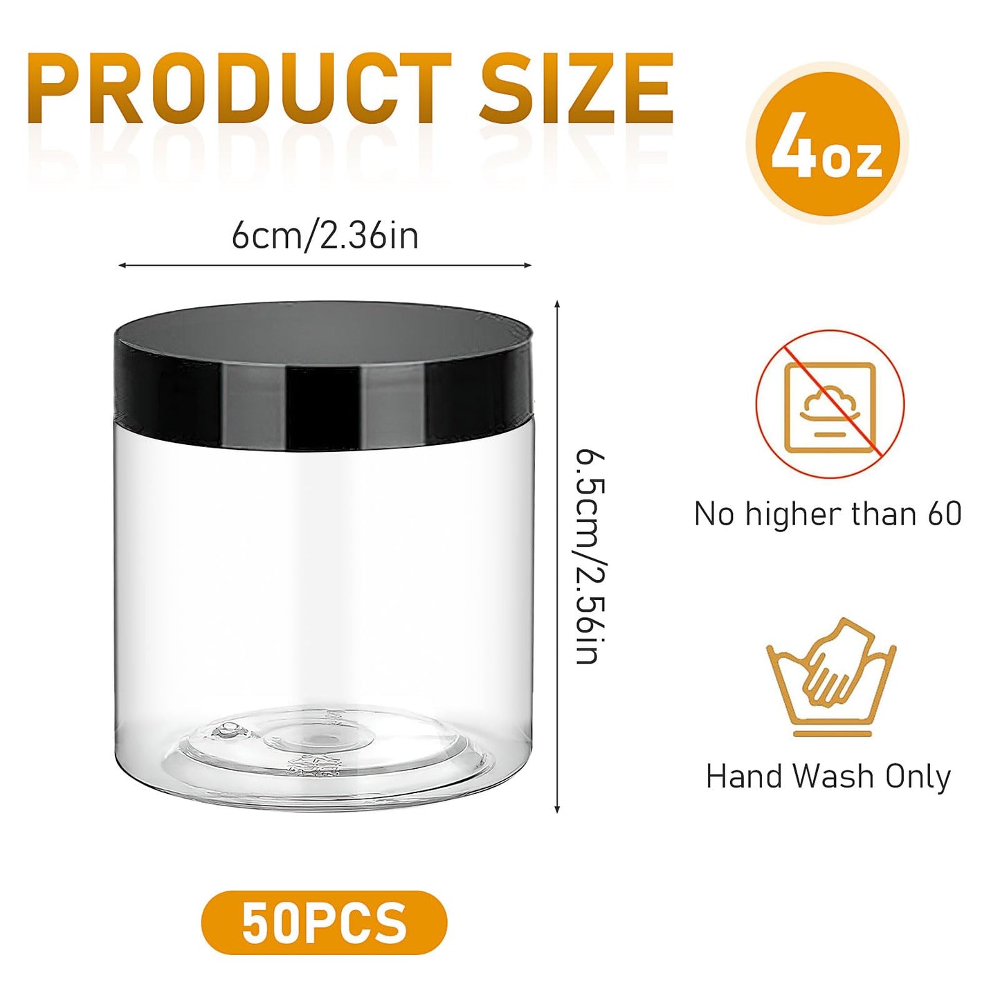 50 Pcs Plastic Jars with Black Lids, 4 oz Wide-Mouth Round Jars, Clear Cosmetic Container Jars, Leak-Proof Storage Containers for Kitchen Use Beauty Products and More