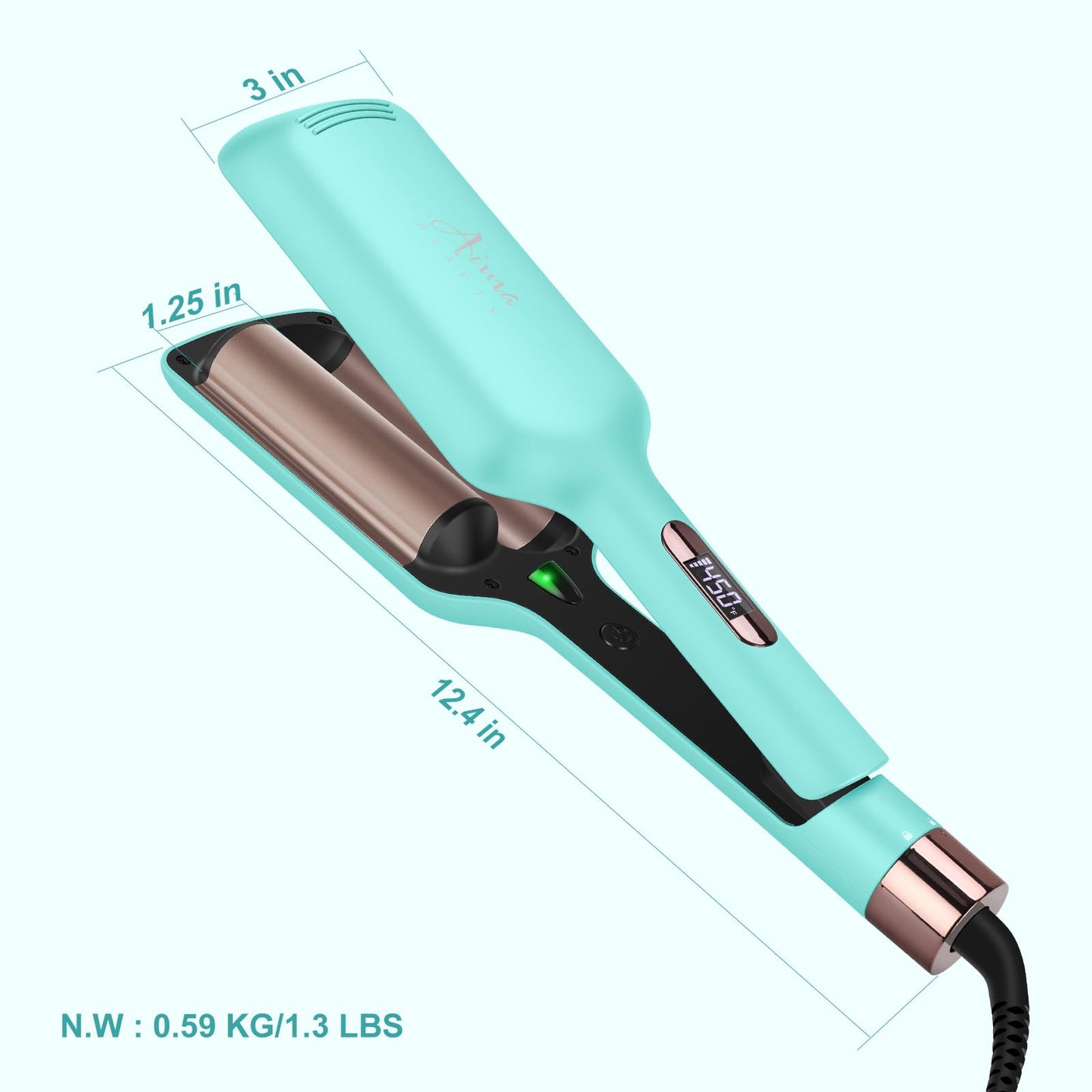 32mm (1.25") Aima Beauty Twins Mermaid Waves Hair Waver, Anti-Scald 2 Barrel Curling Iron, Hair Crimper, Ionic Care Wave Iron 15S Heats Up for Short/Medium/Long Hair Light Green