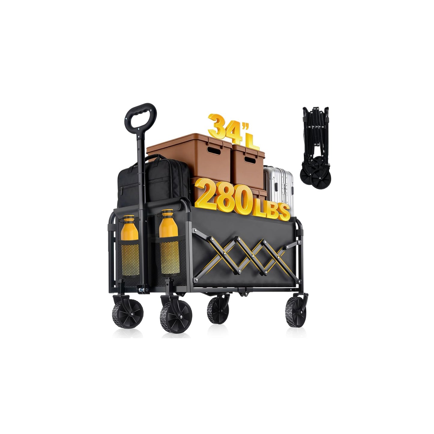Collapsible Wagon Cart Heavy Duty - 280LBS Lightweight Portable Folding Wagon for Groceries with All-Terrain Wheels & Foldable Cart for Beach, Shopping & Camping