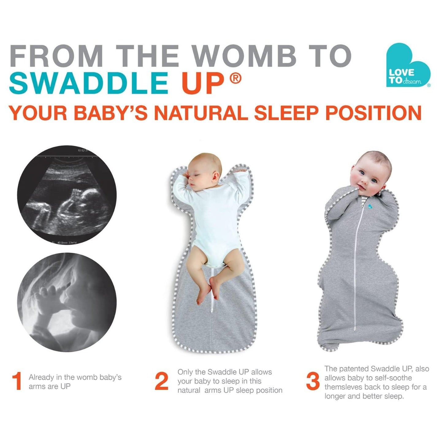 Love To Dream Swaddle UP, Dramatically better sleep, Allow baby to sleep in their preferred arms up position for self-soothing, snug fit calms startle reflex, Gray, Medium, 13-19 lbs.