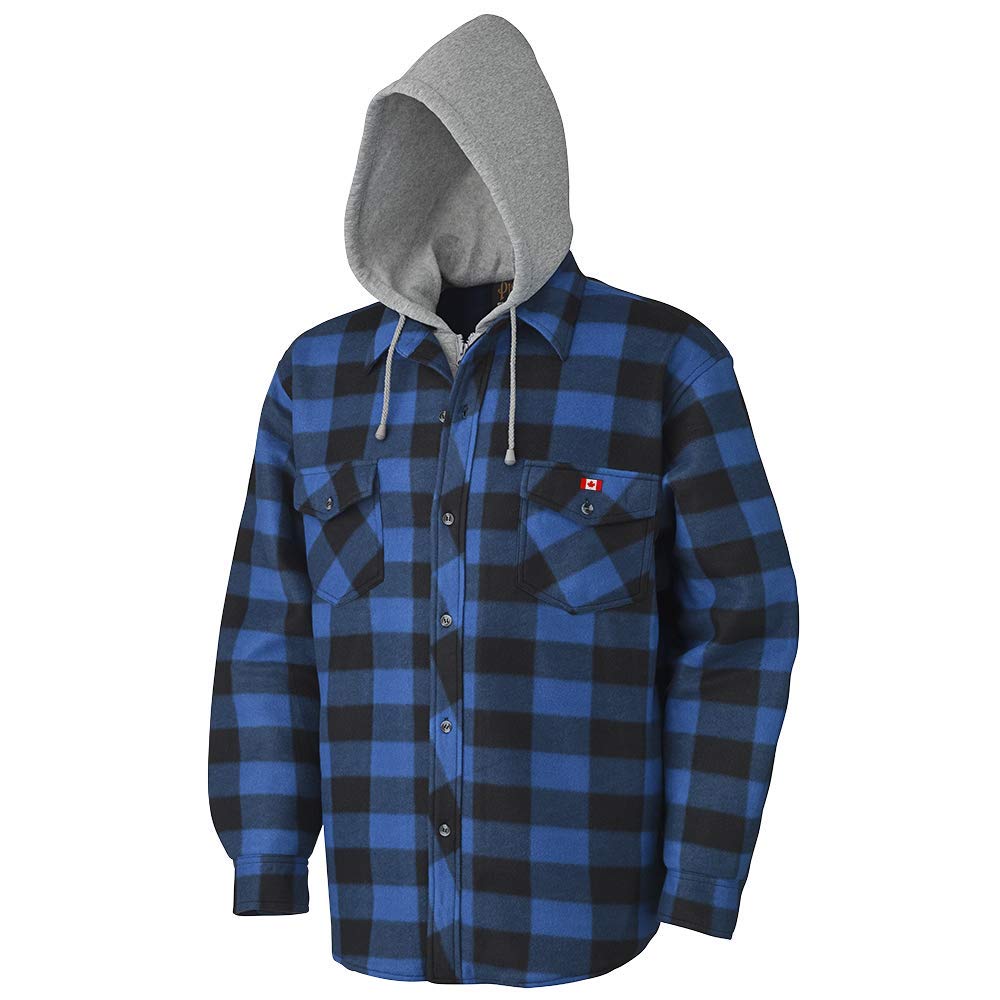 Pioneer Work Shirt – Quilted Fleece Lined Plaid Flannel Button Down Shirt Jacket with Hood for Men, Hidden Zipper Closure, 2 Pockets – Black & Blue